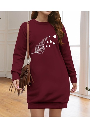 Nnstartshopping Kadın Uzun Kollu Bisiklet Yaka Desenli Viskon Iki Iplik Elbise Bordo