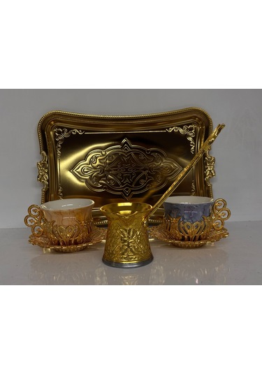 Konak Züccaciye Metal Dantelli Kahve Fincan Tk. 2 Li Gümüş-altın-- Cezveli -- Tepsili Çok Renkli