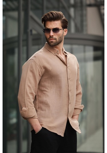 Madmext Camel Basic %100 Pamuklu Uzun Kollu Erkek Gömlek E6761 Camel