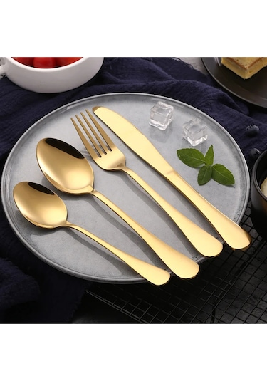 Premium Paslanmaz Çelik Çatal, Kaşık Ve Bıçak Seti Modern Gold Renk 4 Parça