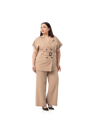 Büyük Beden Kruvaze Kemerli Yarım Kollu Vizon Ceket Pantolon İkili Takım Vizon