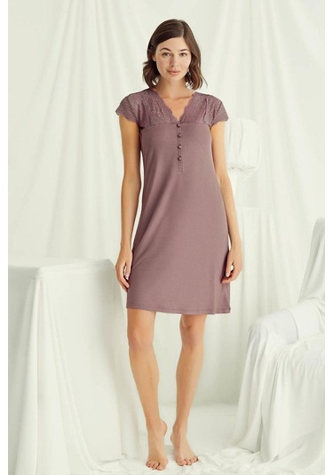 Monamise 18510 Kadın V Yaka Dantelli Düğmeli Kısa Kollu Gecelik-kahve Kahve