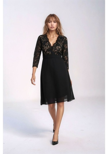 Kadın Tül Yaka Detaylı Truvakor Kol Şık Rahat Kalıp Büyük Beden Curve Abiye Gece Elbisesi Siyah