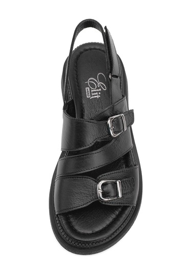 Elit Vesta Kadın Hakiki Deri Düz Sandalet Siyah Siyah