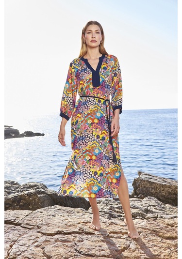 Monamise Kadın Çiçek Desenli Yırtmaçlı Truvakar Kollu V Yaka Elbise 25055 Lacivert