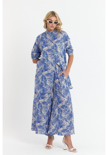 Schık Kadın Viskon Rahat Bol Paça Truvakar Kol Önü Düğme Baskılı Takım Saks