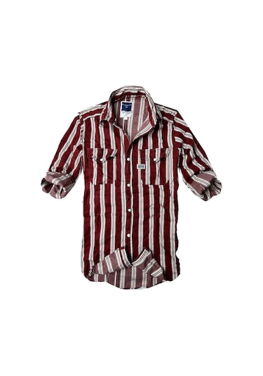 Slim Fit Likralı Esnek Kumaş Çift Cep Kot Gömlek -- Bordo- Çizgili-- Renkli