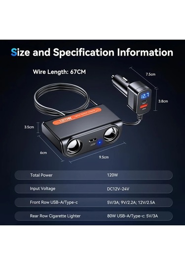 Boatshop1 7si 1 Arada Siyah Sigara Çakma Aparatı 120w 2 Yuvalı Araba Çakmak Pd30w Qc3 Hızlı Şarj Bataryasız