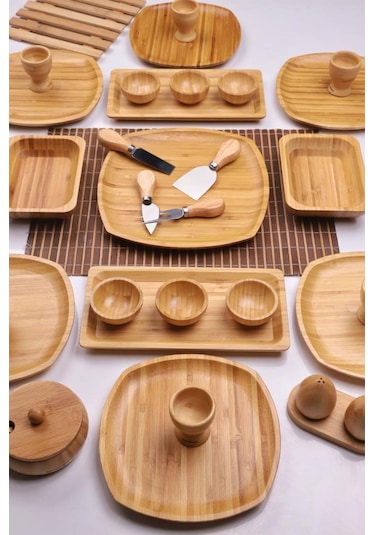 Atbyhome Leafy 6 Kişilik 34 Parça Doğal Bambu Kahvaltı Takımı Kahvaltı Seti Sunum Seti Bambu