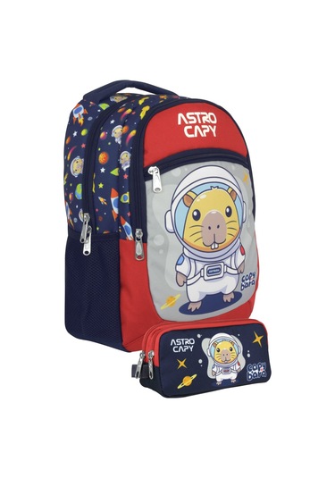 Capybara Erkek Çocuk İlkokul Sırt Çantası Ve İki Gözlü Kalemlik Seti - Lacivert/kırmızı Setcpb5227c Çok Renkli
