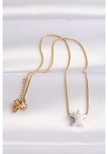 316l Çelik Zincir Altın Renk Zincirli Gümüş Renk Deniz Yıldızı Tasarımlı Kolye - Tj-bko8607