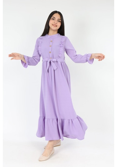 Genc Kiz Elbise Uzun Kollu Tesettür Uygun Jile Lila