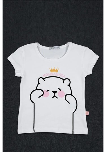 Kız Çocuk Beyaz Prenses Ayıcık Detaylı Monna Rosa Yazılı Tişört Beyaz
