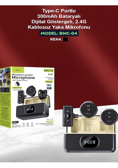 Type-c Girişli 300mah Dijital Ekranlı 2.4g Kablosuz Çift Yaka Mikrofonu Pro++