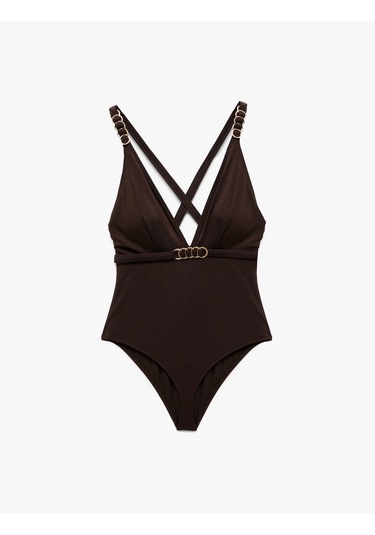 Koton Aksesuarlı Derin V Yaka Arkası Çapraz Askılı Mayo Kahverengi 5sak20044mm Kahve