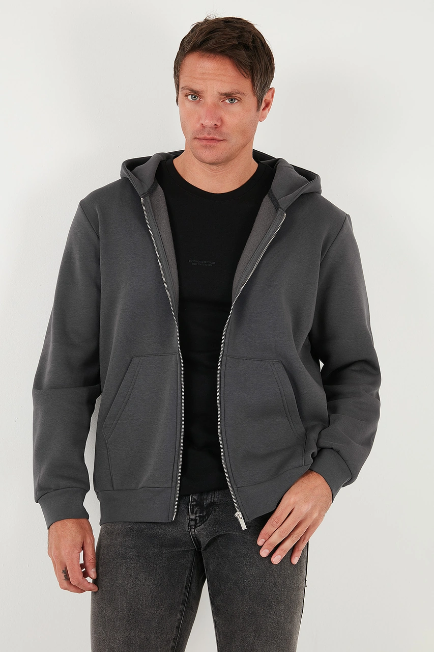 Buratti Regular Fit Kapüşonlu Fermuarlı Içi Tüylü Yumuşak Şardonlu Kışlık Erkek Sweat 5905340 Antrasit
