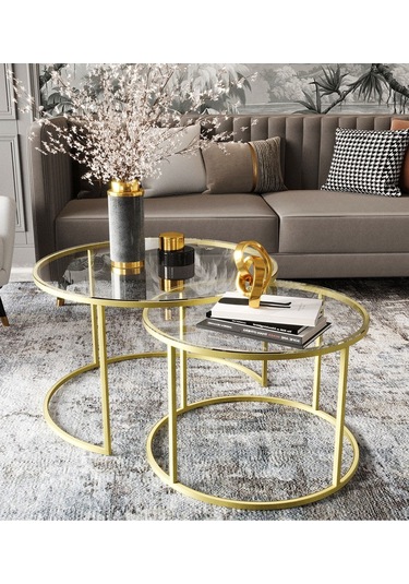 Dekoport Milas Mat Gold Orta Sehpa - Temperli Şeffaf Cam Gold