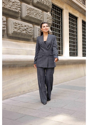 6 Düğmeli Kruvaze Ekose Takım Lacivert Lacivert