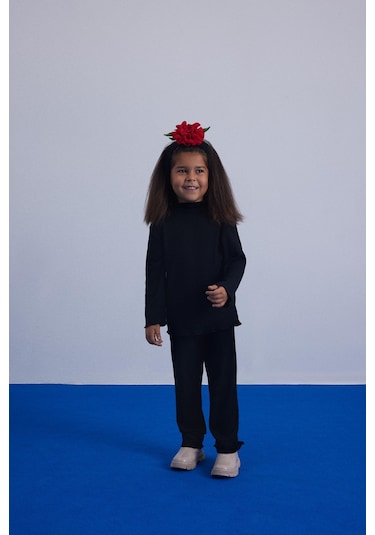 Luess Kız Çocuk Yumuşak Dokulu Balıkçı Yaka Bluz Tayt Takım-Siyah