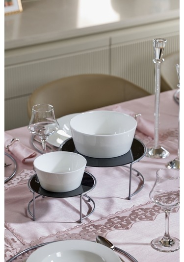 Edora Home Gümüş Ikili Büyük Boy Metal Sunumluk/ Siyah Pleksi Pasta Servis Seti - Paslanmaz