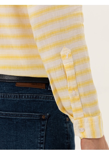 Cacharel Sarı Keten Karışımlı Slim Fit Uzun Kollu Gömlek