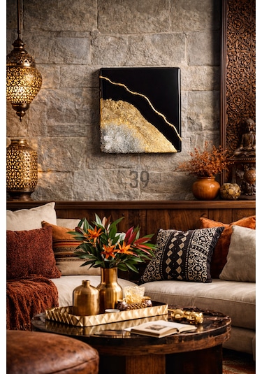 Geode Nero Kuvars Taşlı Modern Epoksi Duvar Tablosu Enerjisel & Dekoratif Sanat 20x20 Cm