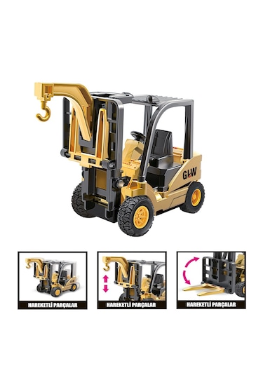 Diecast Oyuncak Metal İnşaat Araçları,iş Makineleri Seti Kepçe Bulldozer Forklift 4'lü Set Kutulu Sarı