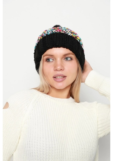 Ponpon Detay Renkli Örme Kadın Bere Rkş-21 Siyah Siyah