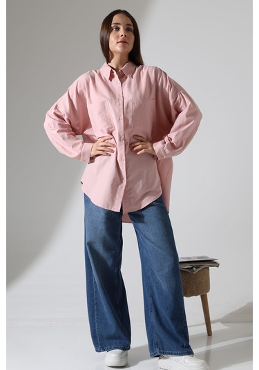 Yeni Sezon Poplin Kumaş Çift Cepli Oversize Pamuklu Kadın Tunik Gömlek Açık Pembe