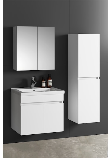 Çiğdem 65+35 Cm Beyaz Mdf Lavabolu Asma Banyo Dolabı Takımı Beyaz
