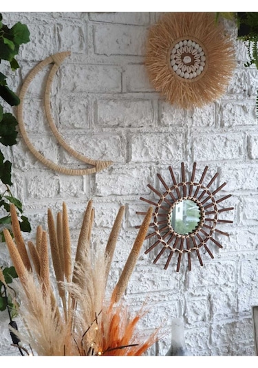 3'lü Set Rafya Deniz Kabuklu Model & Kahverengi Rattan Çubuk Ayna & Rafya Ay M073
