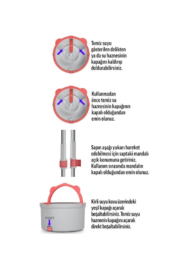 Pony Gri 4 Adet Mikrofiber Mop Temiz & Kirli Suyu Ayırma Özelliği Otomatik Temizlik Seti Paspas