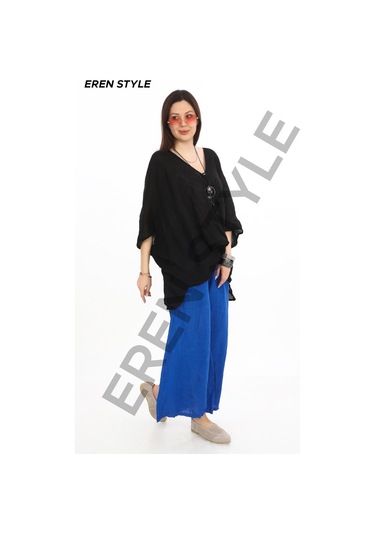 Bohem Kuruvaze Tek Düğmeli Keten Bluz-9884 Siyah