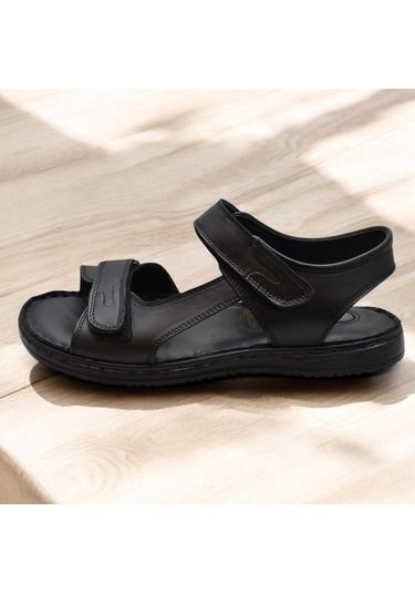 088 Topuk Jelli Tam Ortopedik Taban Hakiki Deri Erkek Sandalet Cırtlı Sandalet Siyah