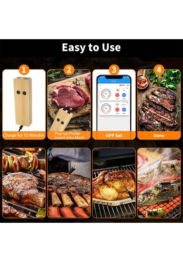Teltree Bluetooth Et Termometresi, 150m Menzil, Akıllı Uygulama Kontrolü, Alarm Ve Zamanlama Fonksiyonu, 304 Çelik Prob, Şarjlı Depolama Tabanı İle Dış Mekan Izgara Termometresi