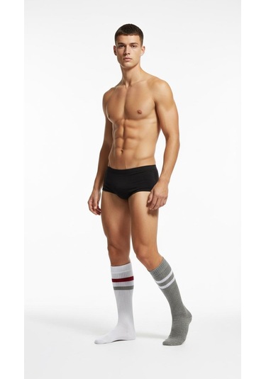 Erkek Spor Çorap 2 Li Set Pamuklu, Nefes Alan, Esnek Çizgili Model Gri Beyaz