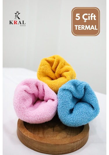 Kadın Çorap 5 Çift Renkli Termal Havlu Kışlık Çorap Isı Emici ASORTİ