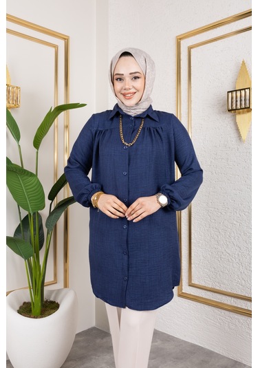 Önü Büzgülü Bilek Lastikli Tunik - Lacivert / Ü104 Lacivert
