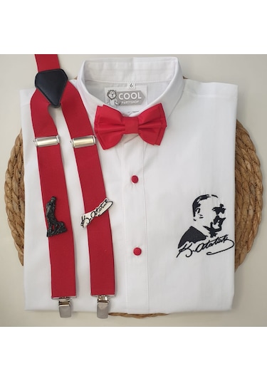 Cool Party Shop Erkek Çocuk Askı Papyon Nakışlı Gömlek Kırmızı