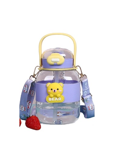 Sevimli Çizgi Film Baskılı Büyük Gövdeli Plastik Su Bardağı, Renkli Samanlı Bardak, Yaz İçin Pratik Spor Matarası, Çocuklar İçin Eğlenceli Desenli Kova Bardak, Dayanıklı Ve Hafif Mor