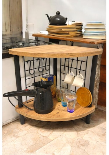 Mutluluk Köşesi Tezgah Üstü Raf Mini Kahve Köşesi Ve Baharatlık 6 Kancalı Organizer Çam