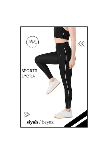 Kadın Yüksek Bel Toparlayıcı Spor Tayt Siyah / Beyaz Şerit Detaylı Lycralı Dalgıç 1041 Siyah Beyaz