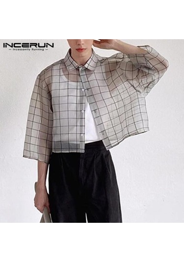 İncerun Yaz Erkek See Through Bol Kısa Kollu Ekose Gömlek Beyaz