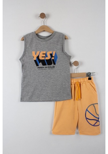 Erkek Çocuk Yes Yazılı Şortlu Takım-6088-Gri-Turuncu Gri - Turuncu
