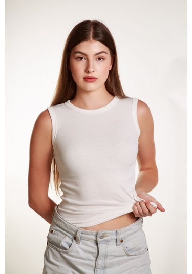 Kadın Kırıkbeyaz Fitilli Likralı Sıfır Kol Bisiklet Yaka Örme Atlet Tshirt Bluz KIRIK BEYAZ