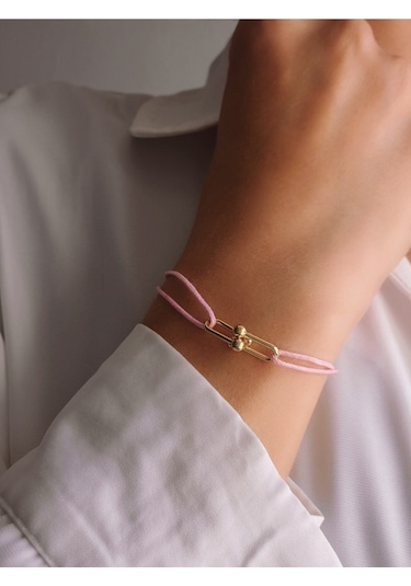 Tiffany Model Deri İpli El Yapımı Gold Pembe Renkli Bileklik Pembe