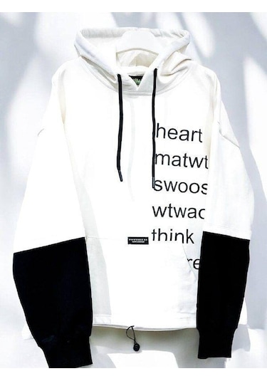 Çocuk Pamuklu Kapüşonlu Heart Mat Yazılı Sweatshirt-14830 Ekru