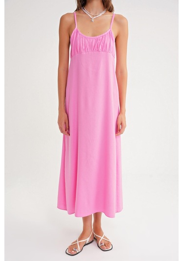 4742 Kadın İp Askılı Büzgü Detaylı Midi Elbise Pembe Pembe