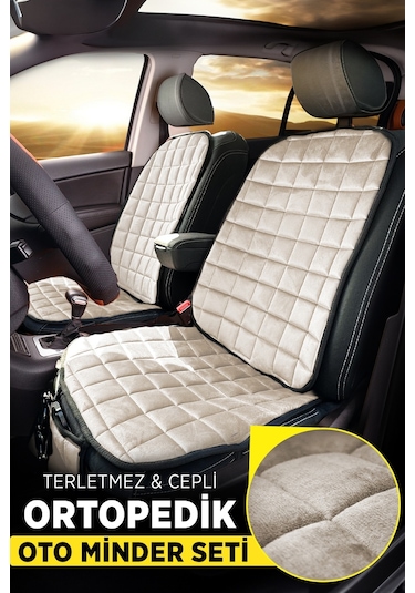 Premium Cepli Ortopedik Oto Koltuk Minder Seti - Oto Koltuk Kılıfı - Ön 2 Koltuk Set - Bej