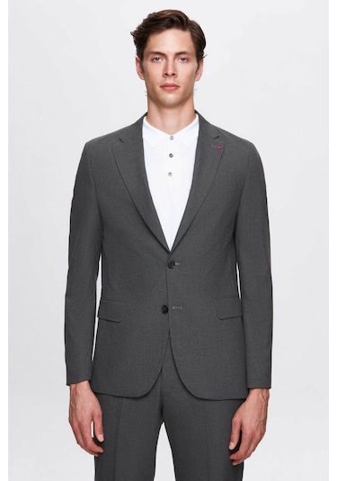 D's Damat Slim Fit Gri Düz Likralı Esnek Mono Yaka Çift Yırtmaçlı Astarlı Takim Elbise Gri